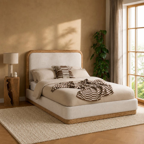 Contemporary upholstered double bed with textured faux wood finish.