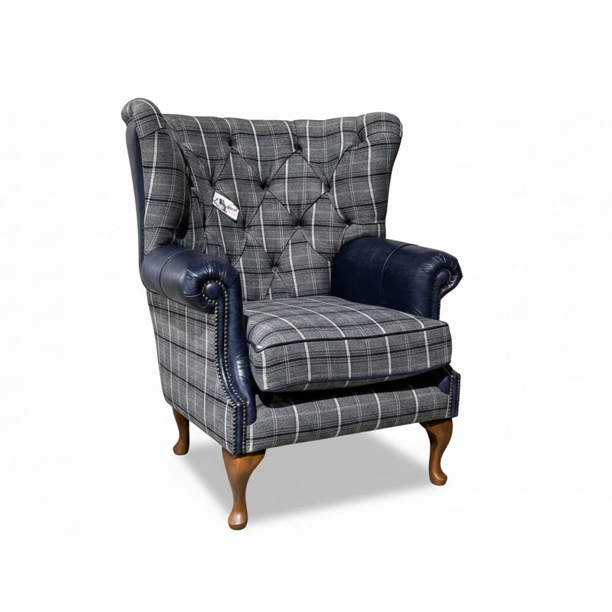 Grey Herringbone Tweed with Night Blue Leather High Round Back Wing Chair