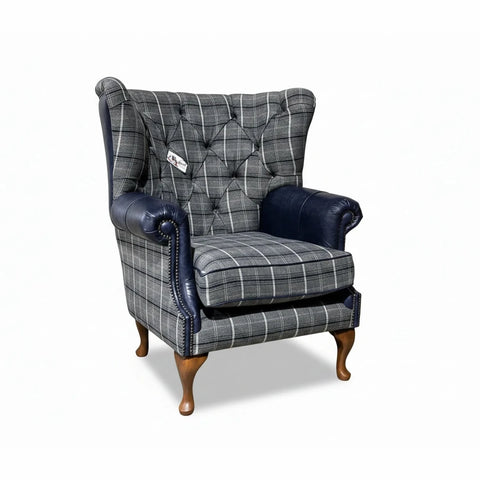 Grey Herringbone Tweed with Night Blue Leather High Round Back Wing Chair