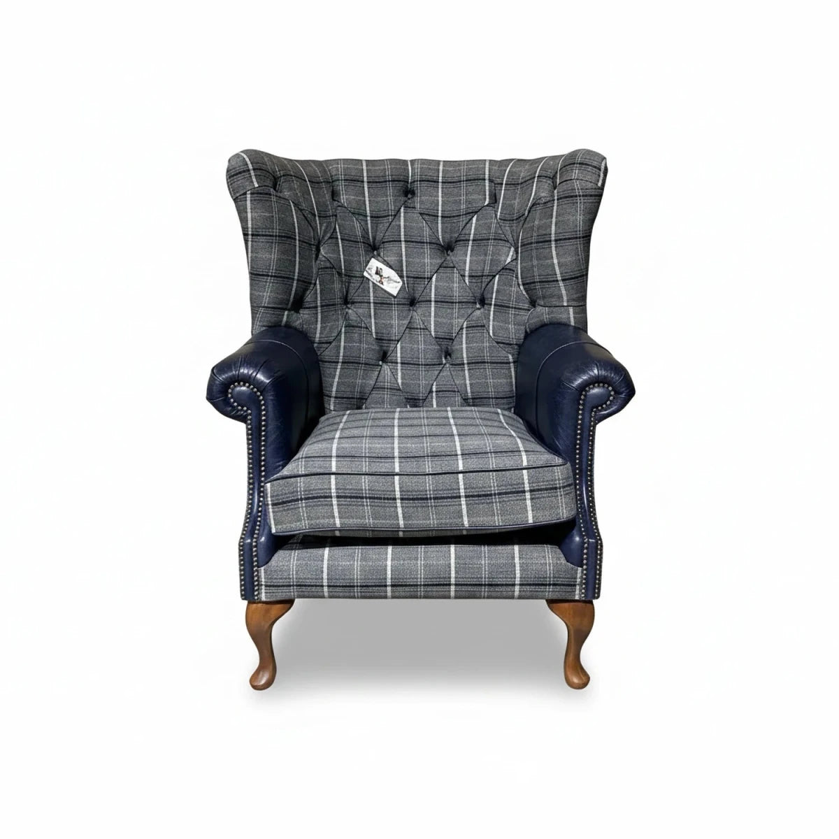 Grey Herringbone Tweed with Night Blue Leather High Round Back Wing Chair with rounded arms