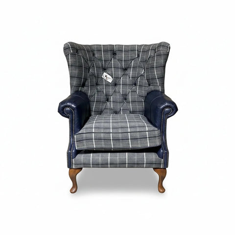 Grey Herringbone Tweed with Night Blue Leather High Round Back Wing Chair with rounded arms