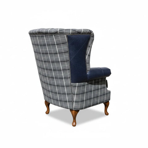 Grey Herringbone Tweed with Night Blue Leather High Round Back Wing Chair by Oswald and Pablo