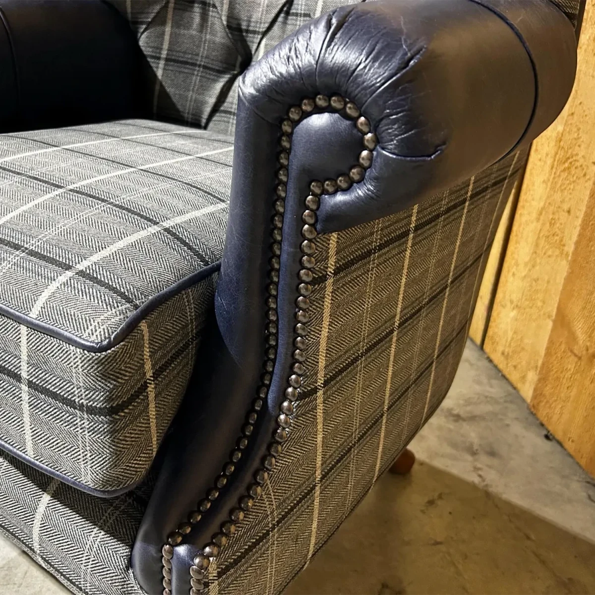 Grey Herringbone Tweed with Night Blue Leather High Round Back Wing Chair - Close up