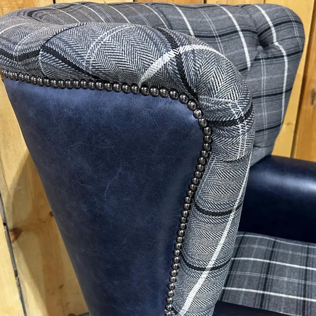 Grey Herringbone Tweed with Night Blue Leather High Round Back Wing Chair - Wing Close up