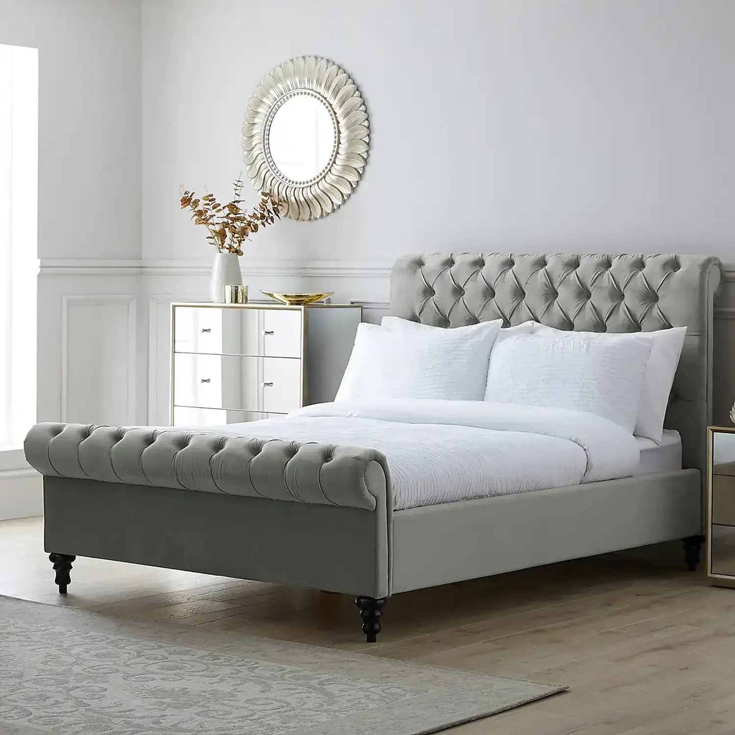 Chester Grey Velvet Bed Frame, available in Single, Small Double, Double, Kingsize and Superking. Available in a variety of colours and fabrics - Main Image 