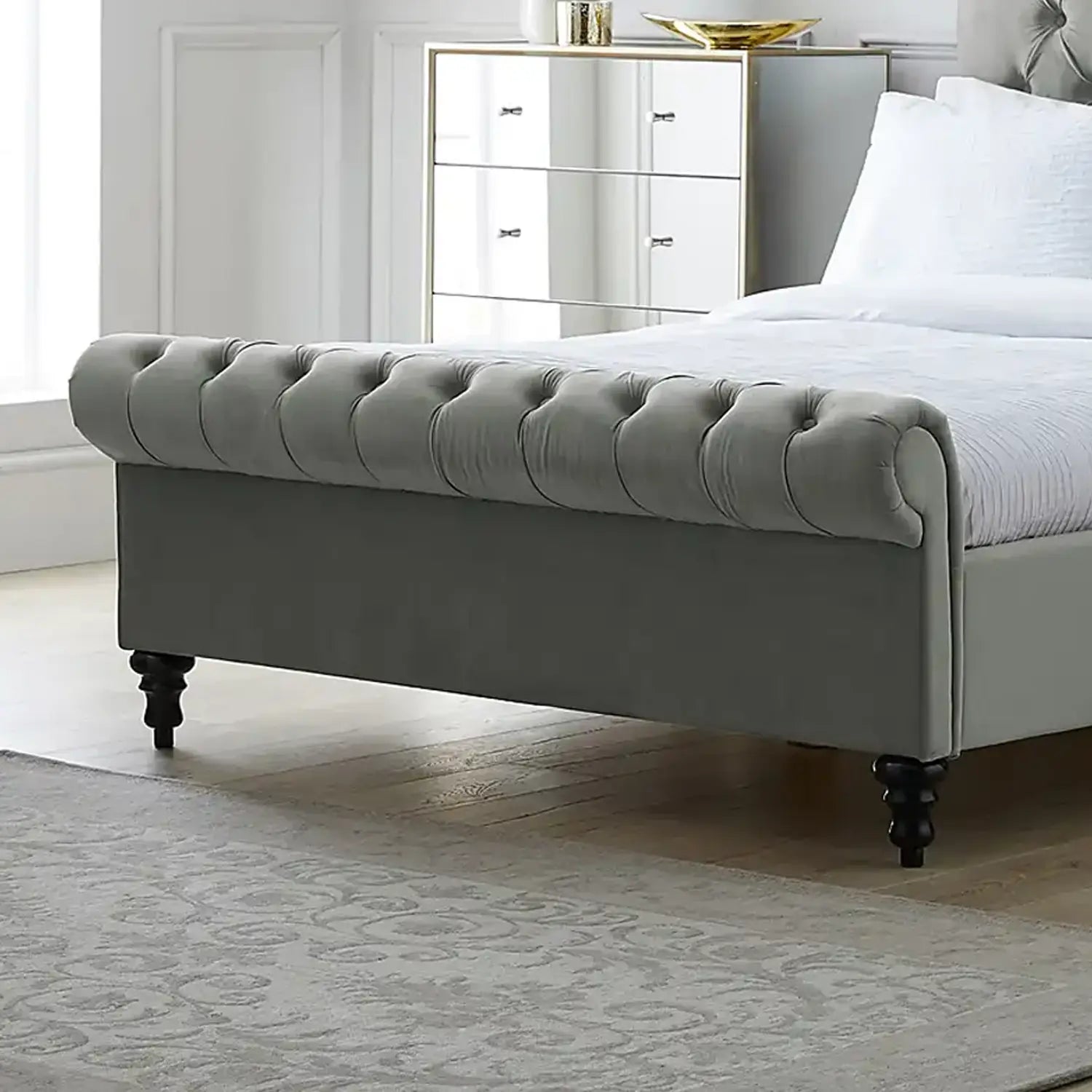 Chester Grey Velvet Bed Frame, available in Single, Small Double, Double, Kingsize and Superking. Available in a variety of colours and fabrics - Footboard Image