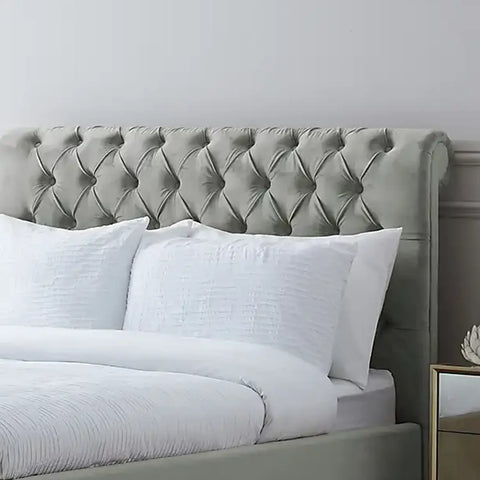 Chester Grey Velvet Bed Frame, available in Single, Small Double, Double, Kingsize and Superking. Available in a variety of colours and fabrics - Image of Headboard 