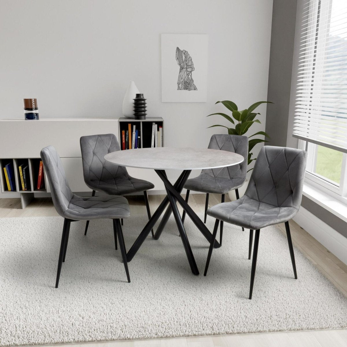 Grey Granite effect Round Dining Table and 4 Brushed Velvet Dining Chairs - Pendle Village Furniture