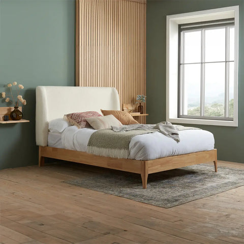 Halfden Modern Classic Boucle Fabric & Wood Bed