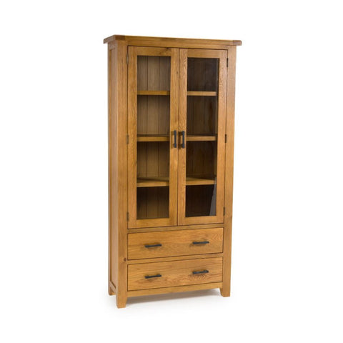Hampshire Solid Oak Glazed Display Cabinet with 2 Drawers – H195cm