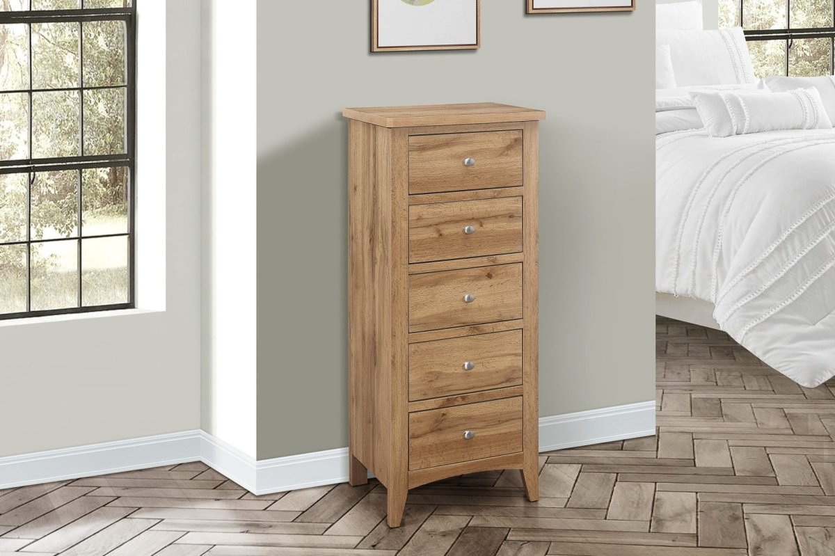 Havencrest 5 Drawer Tall Boy Chest Oak - Pendle Village Furniture