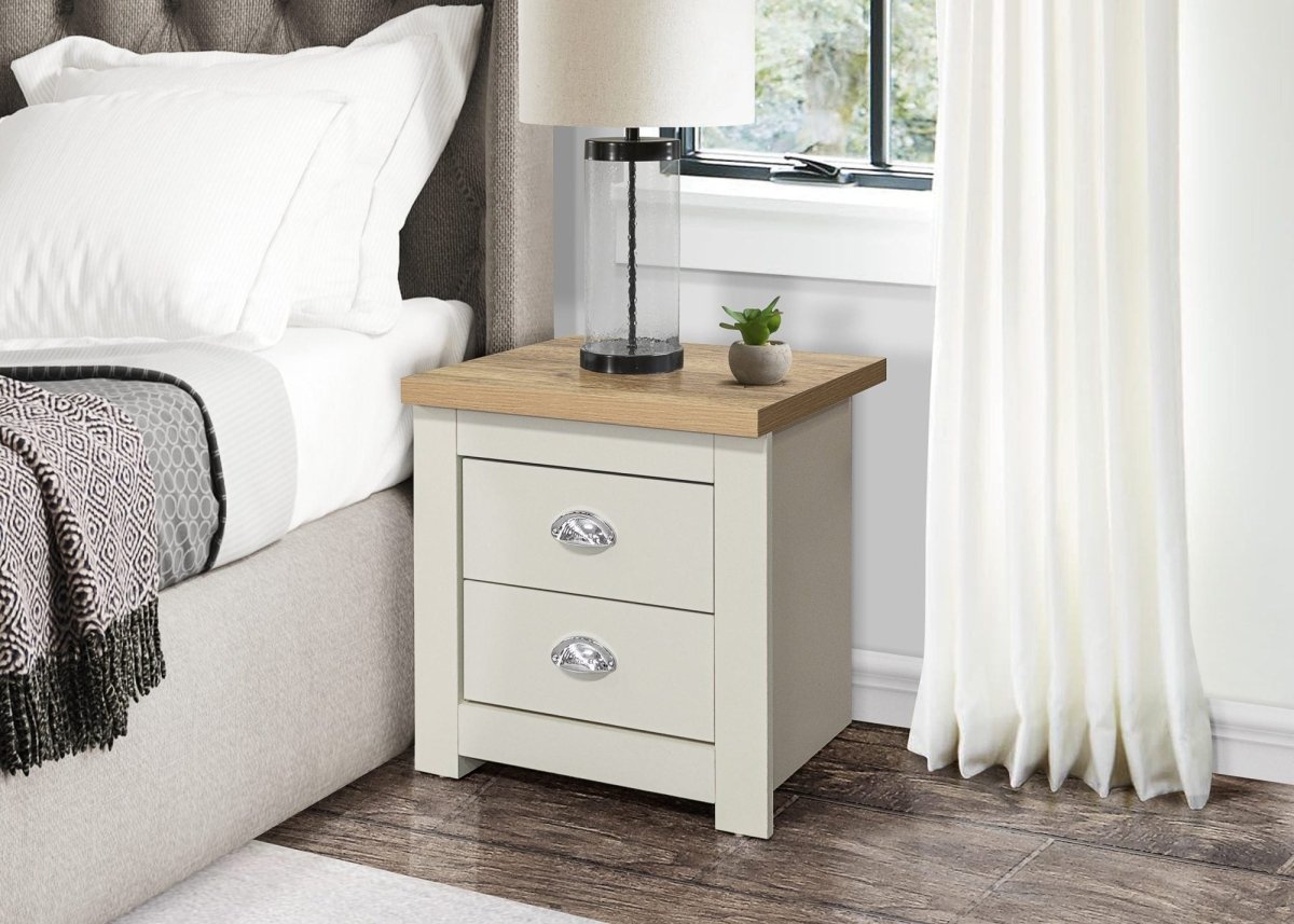 Hillcrest 2 Drawer Bedside Cream & Oak Effect - Pair - Pendle Village Furniture