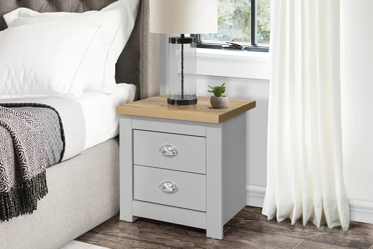 Hillcrest 2 Drawer Bedside Grey & Oak Effect - Pair - Pendle Village Furniture