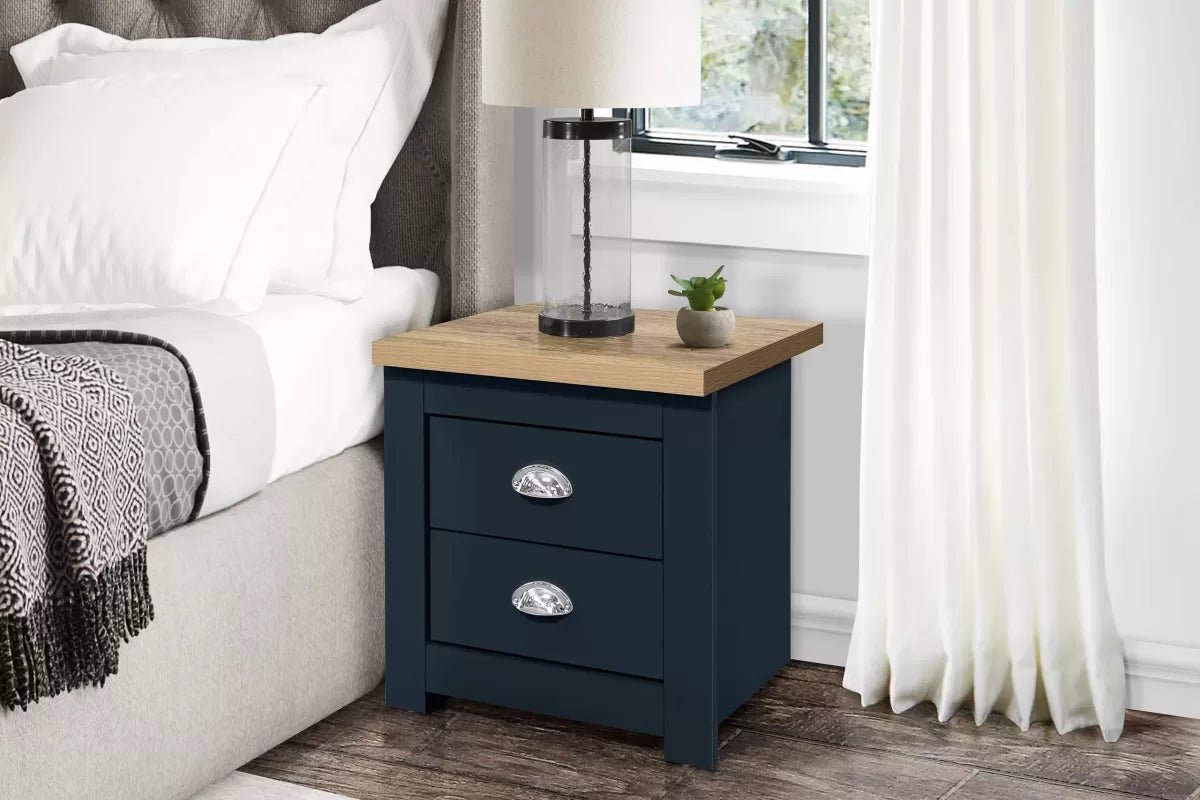Hillcrest 2 Drawer Bedside Navy Blue & Oak Effect - Pair - Pendle Village Furniture