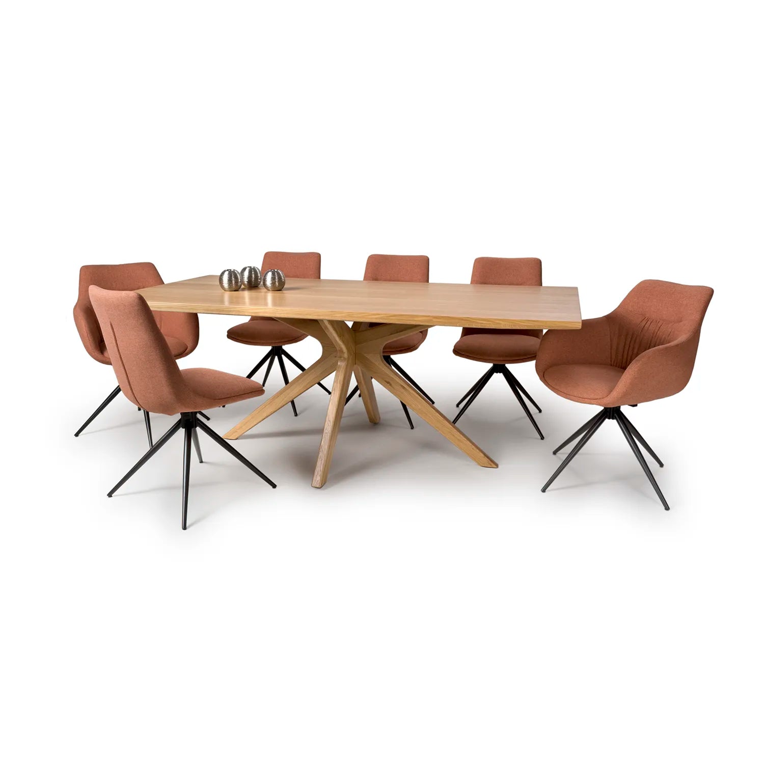 Armande 200cm Oak Veneer Rectangular Dining Table with Bosley Swivel Chairs Set - Pendle Village Furniture