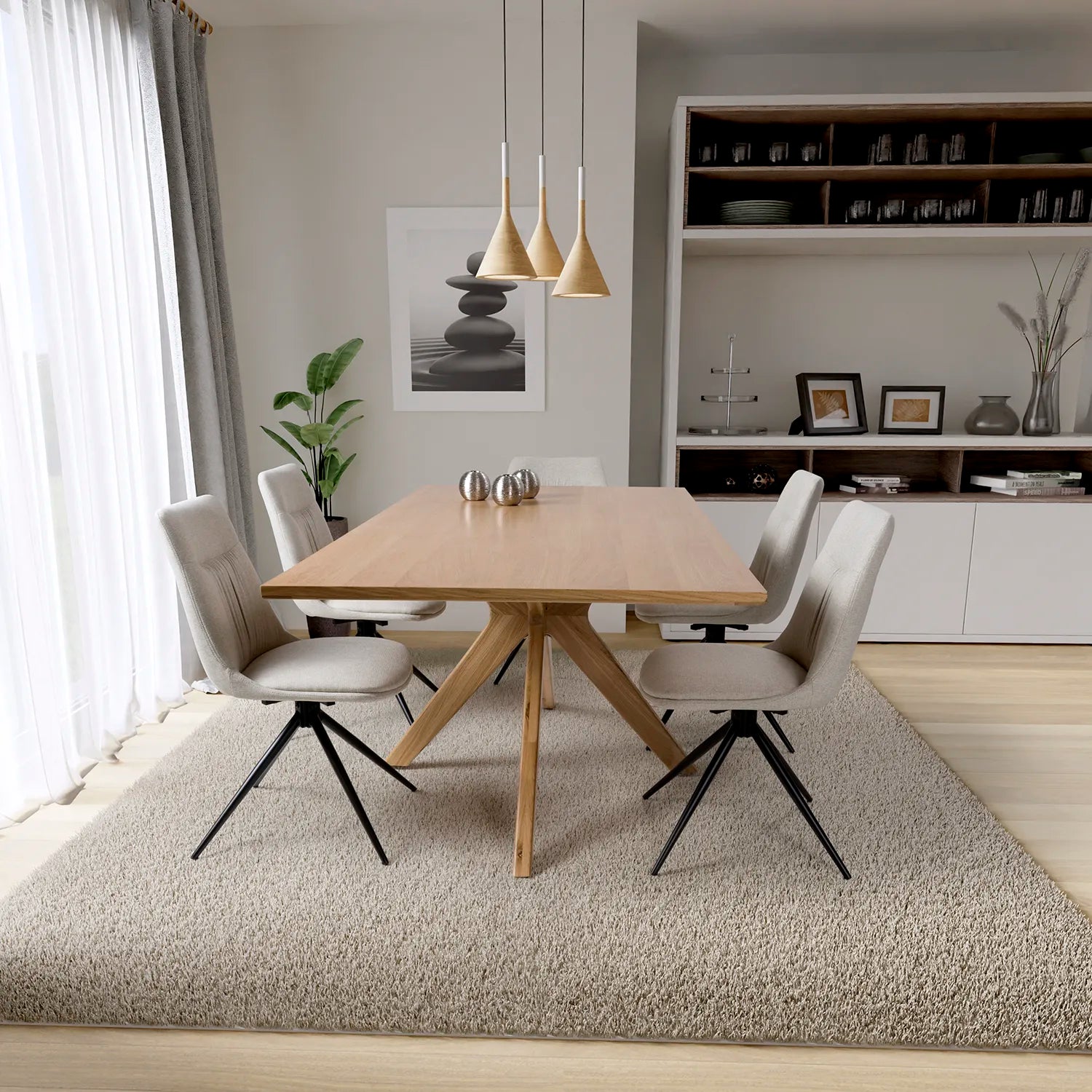Armande 200cm Oak Veneer Rectangular Dining Table with Bosley Swivel Chairs Set - Pendle Village Furniture