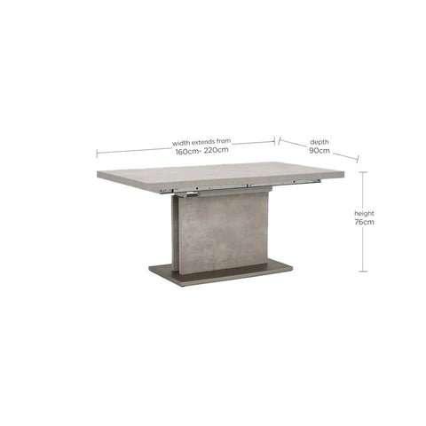 Concrete effect melamine Extending Dining table with dimensions labeled on a white background