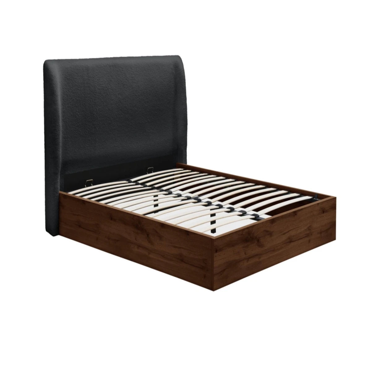 Modern storage bed with hidden under mattress compartment.