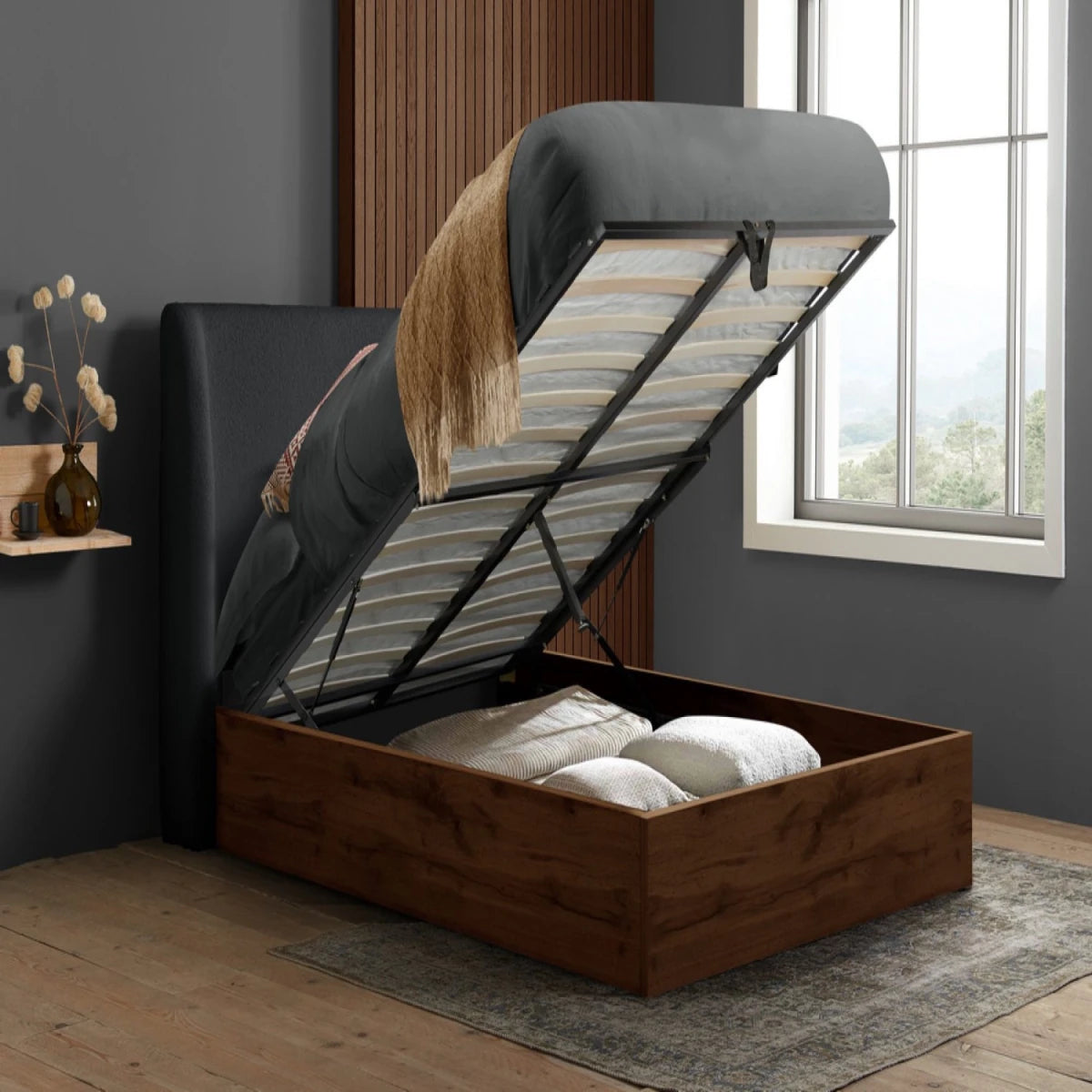 Lift up storage bed with easy access under bed storage space.