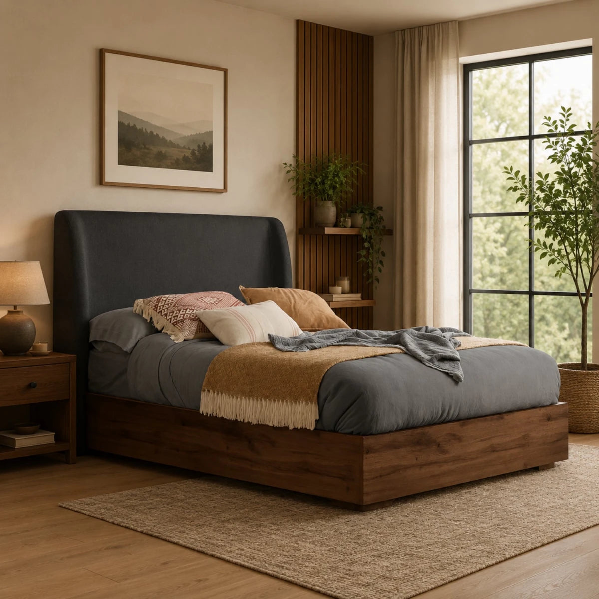 High quality Halvick upholstered bed with contemporary aesthetic.