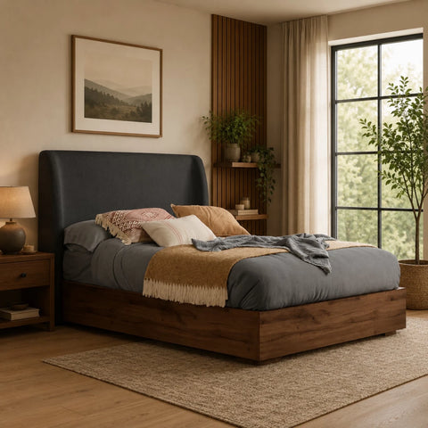 High quality Halvick upholstered bed with contemporary aesthetic.