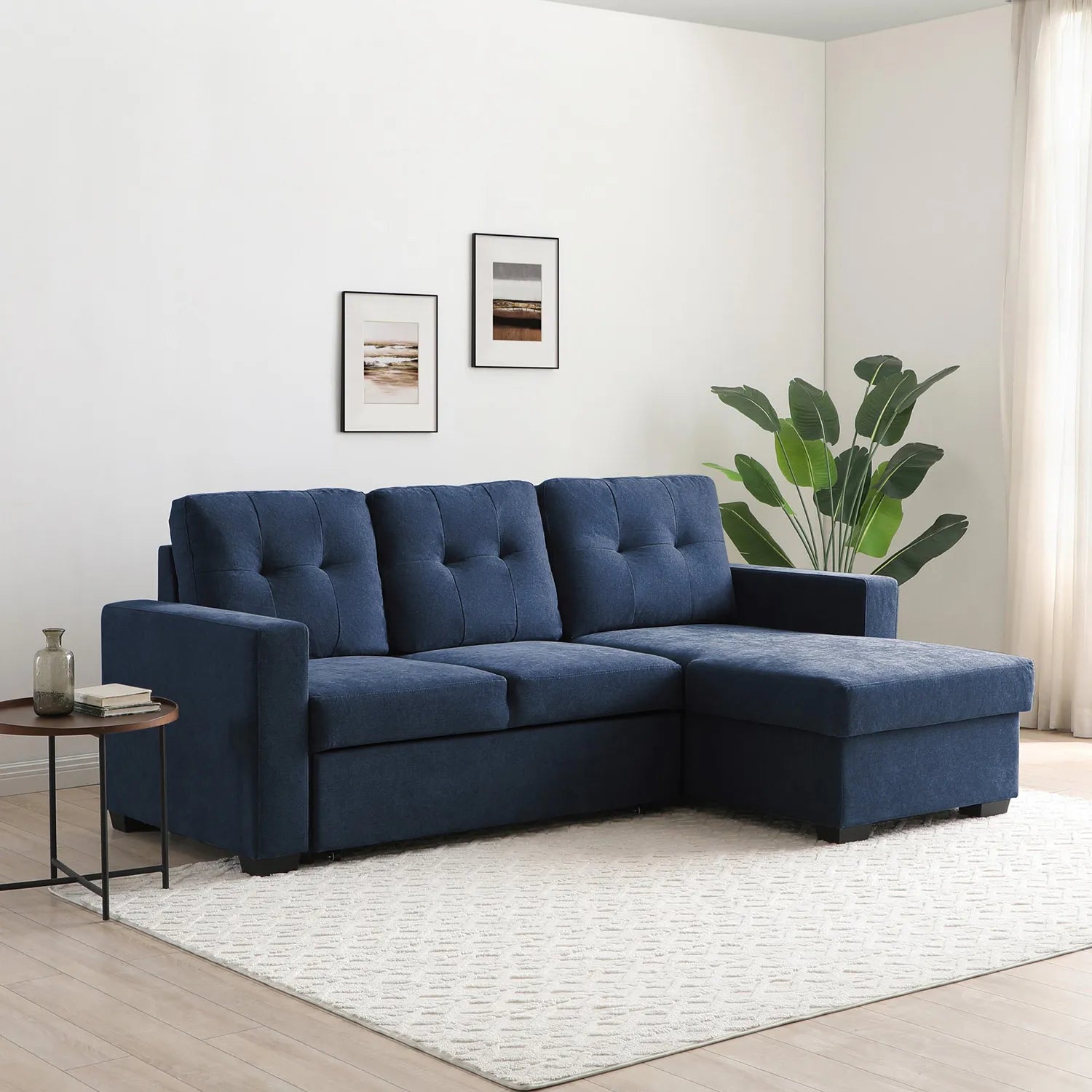 Hampshire Navy Textured Weave Fabric Corner Sofa Bed. Available in Grey, Navy and Natural - Lifestyle Image 