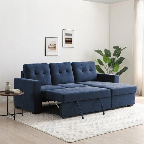 Hampshire Navy Textured Weave Fabric Corner Sofa Bed. Available in Grey, Navy and Natural - Sofa Base lifted up to create a bed 