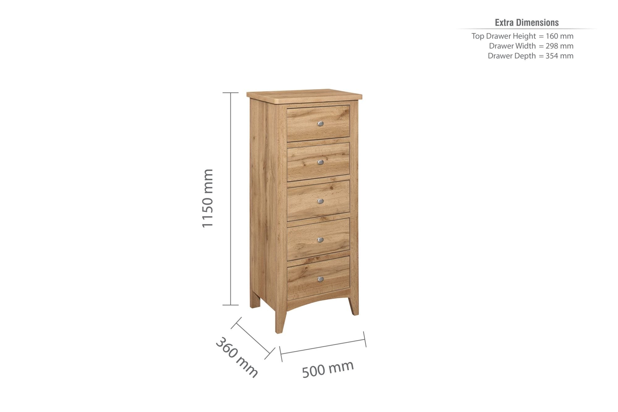Havencrest 5 Drawer Tall Boy Chest Oak