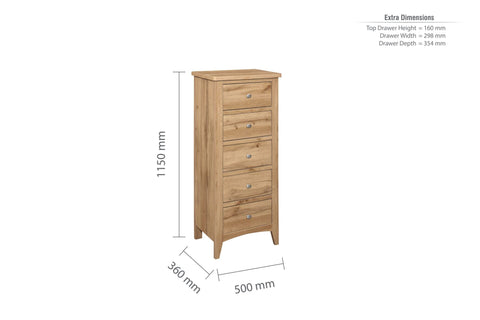 Havencrest 5 Drawer Tall Boy Chest Oak
