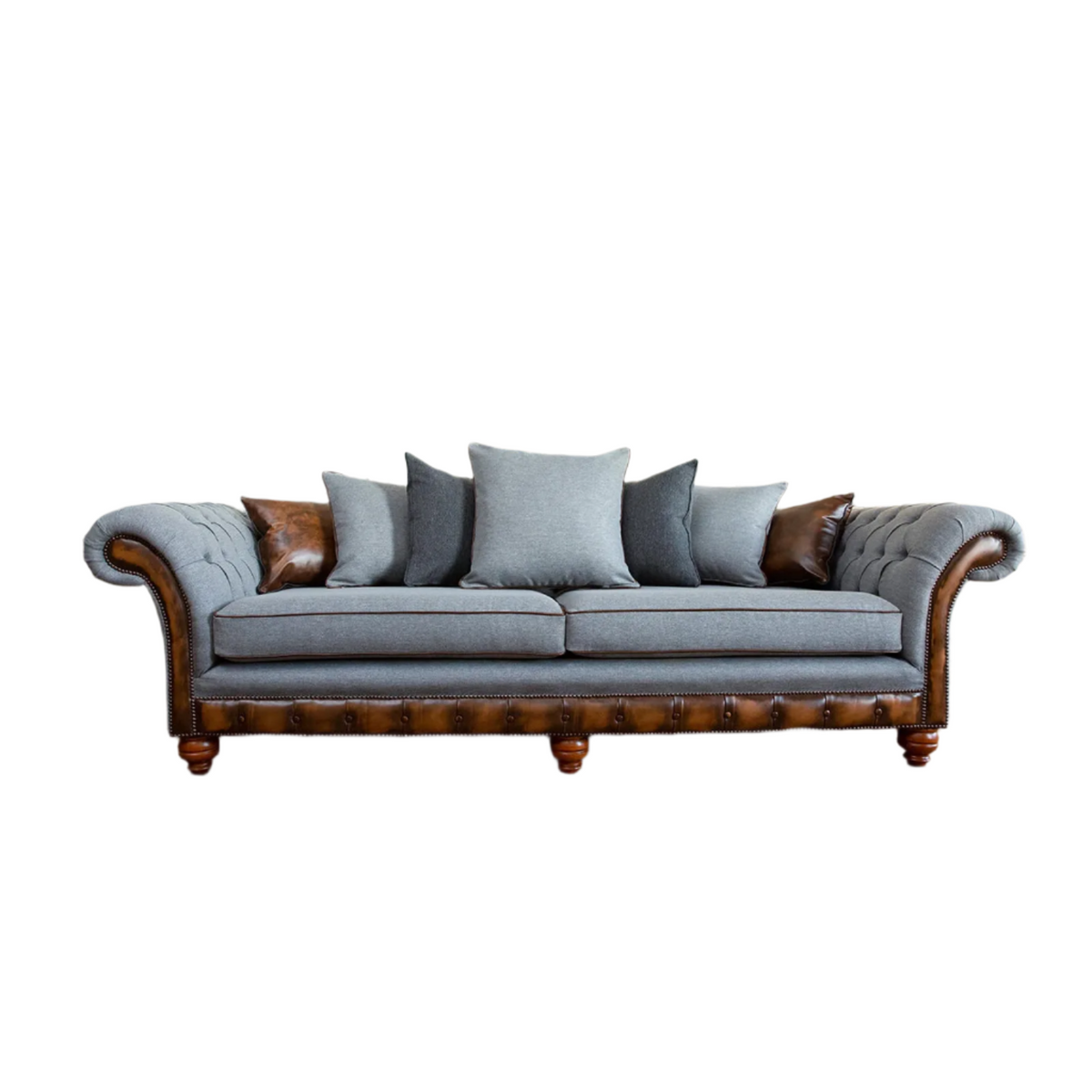 Herringbone Wool Scatter Back Chesterfield Sofa with Antique Tan Leather