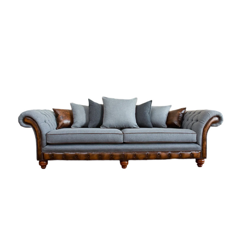 Herringbone Wool Scatter Back Chesterfield Sofa with Antique Tan Leather