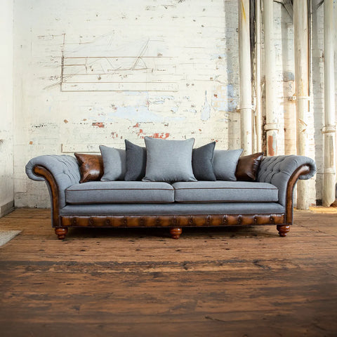 Herringbone Wool Scatter Back Chesterfield Sofa with Antique Tan Leather