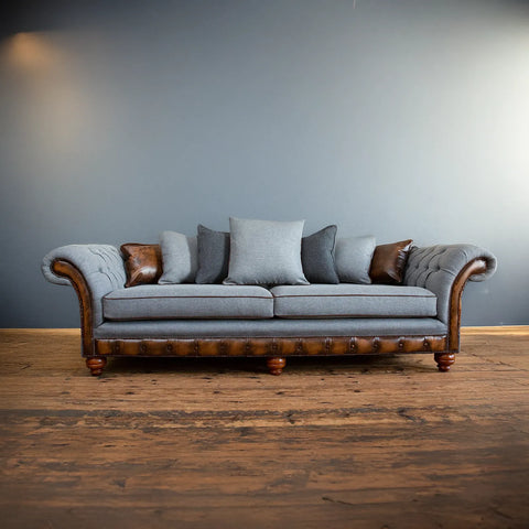 Herringbone Wool Scatter Back Chesterfield Sofa with Antique Tan Leather