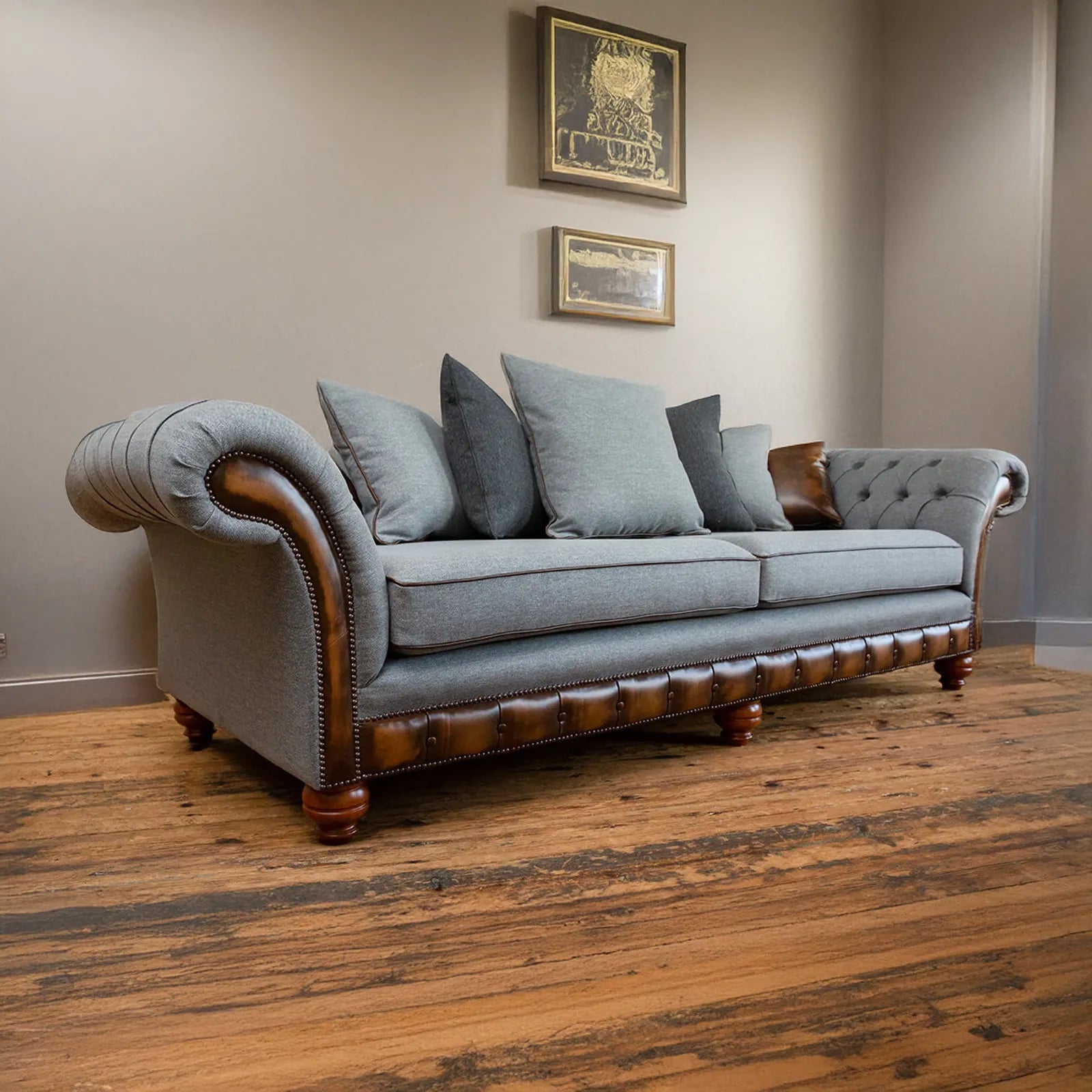 Herringbone Wool Scatter Back Chesterfield Sofa with Antique Tan Leather