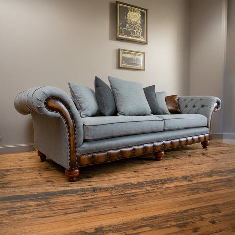 Herringbone Wool Scatter Back Chesterfield Sofa with Antique Tan Leather
