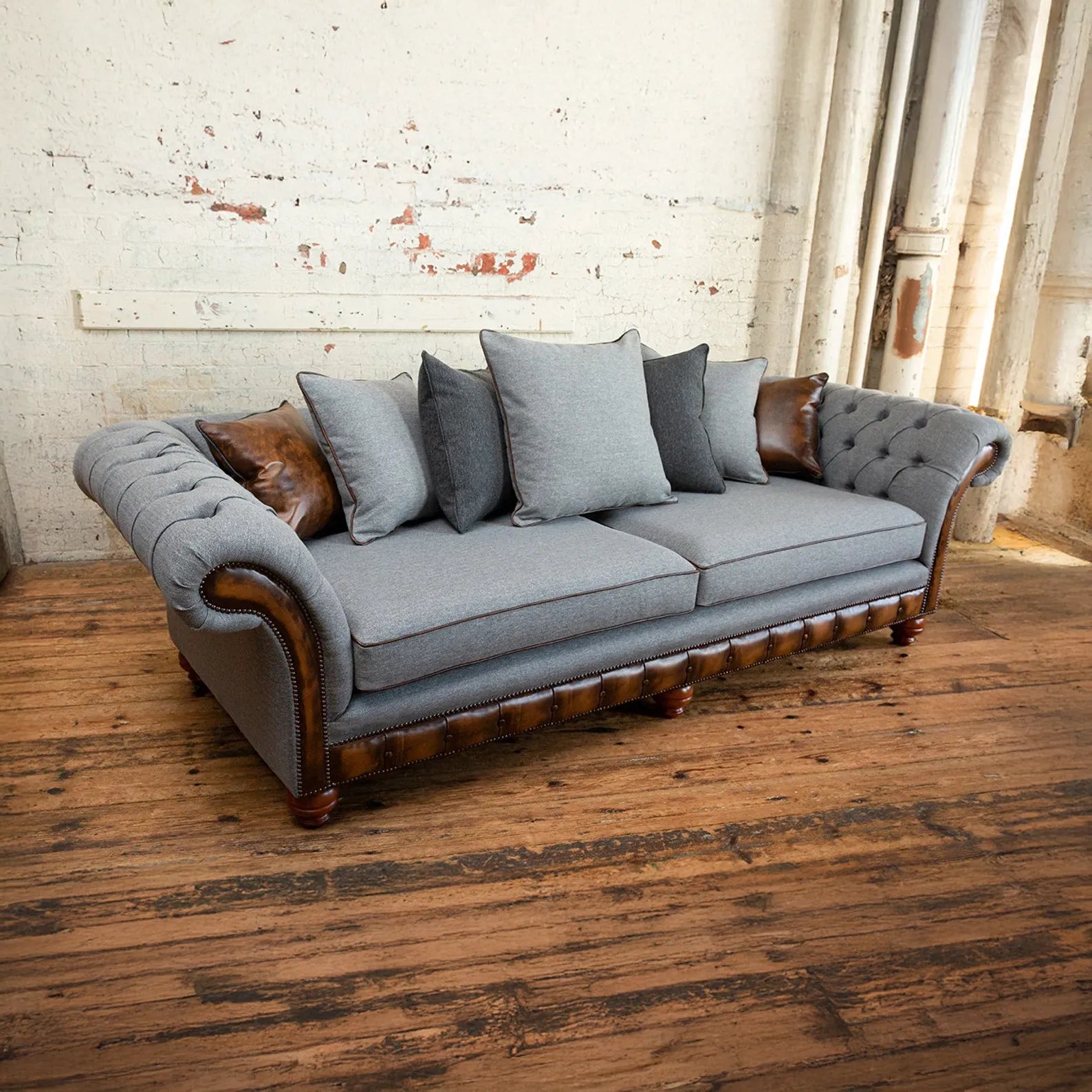 Herringbone Wool Scatter Back Chesterfield Sofa with Antique Tan Leather