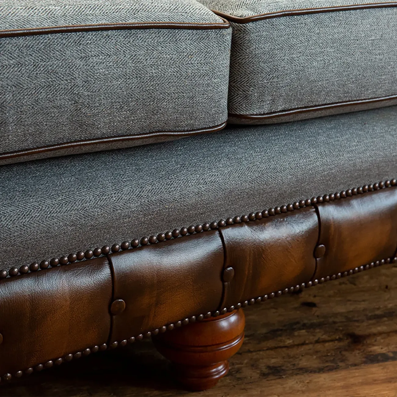 Herringbone Wool Scatter Back Chesterfield Sofa with Antique Tan Leather