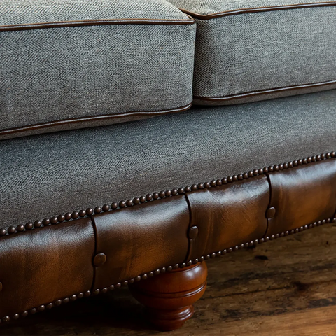 Herringbone Wool Scatter Back Chesterfield Sofa with Antique Tan Leather