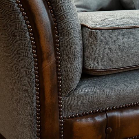 Herringbone Wool Scatter Back Chesterfield Sofa with Antique Tan Leather