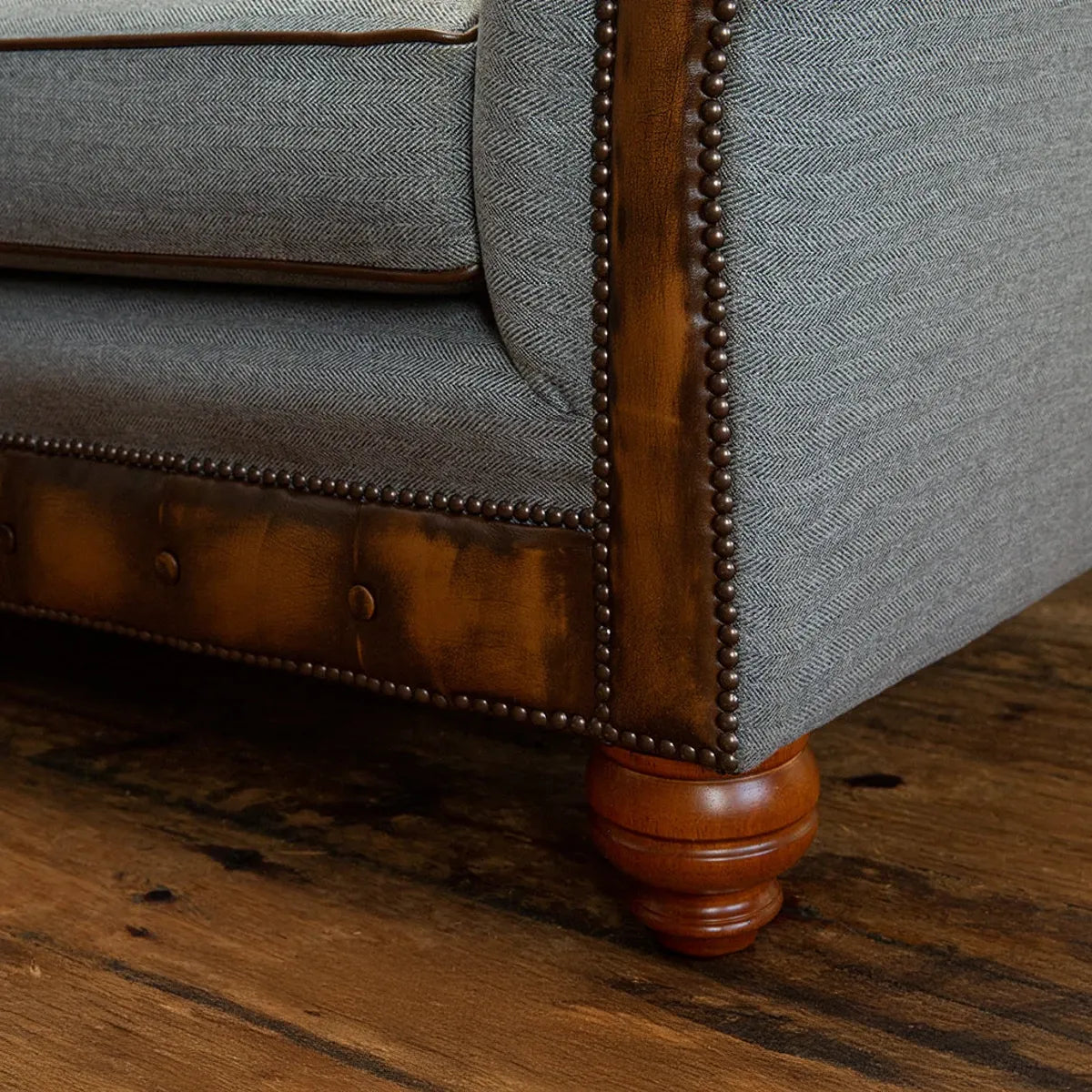 Herringbone Wool Scatter Back Chesterfield Sofa with Antique Tan Leather