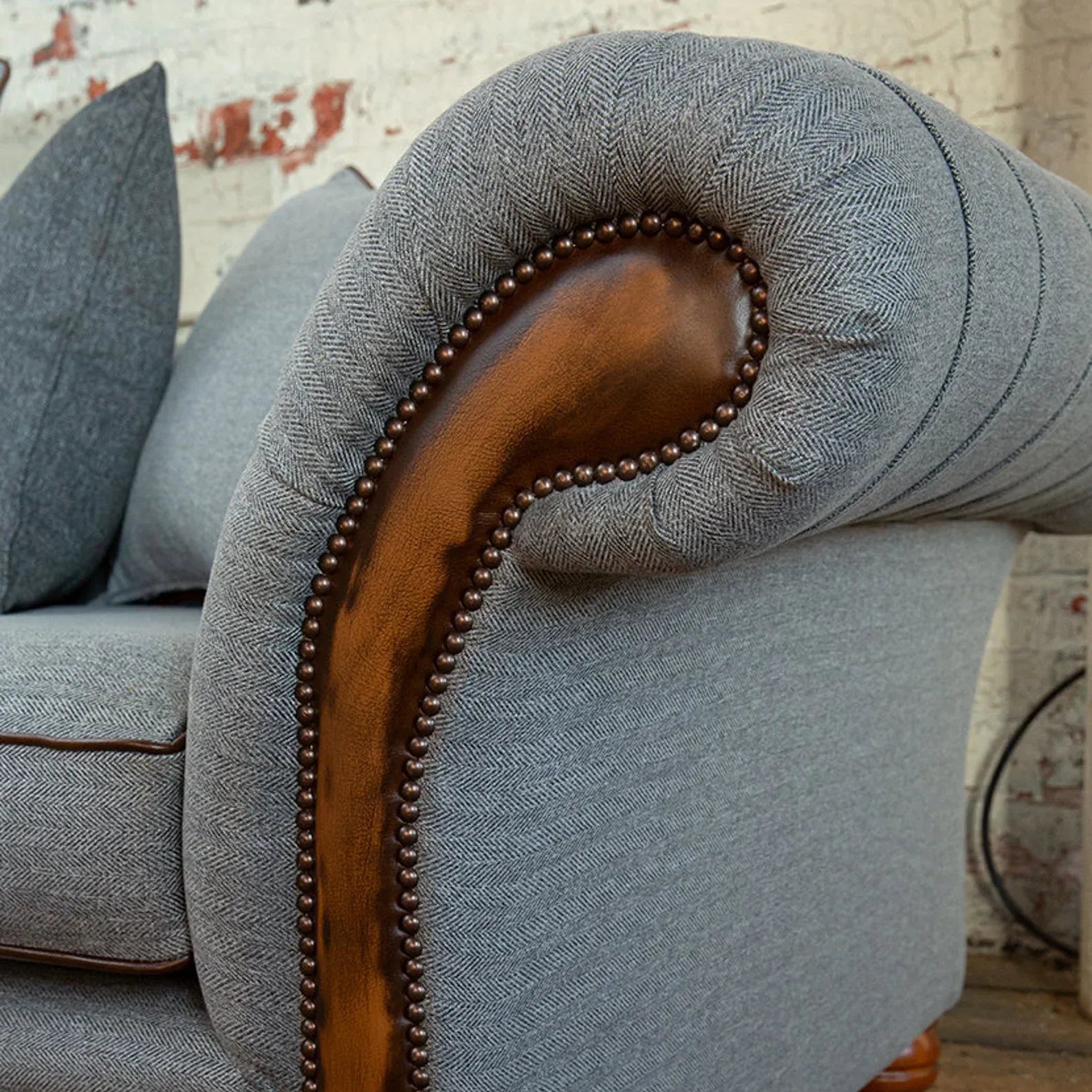 Herringbone Wool Scatter Back Chesterfield Sofa with Antique Tan Leather