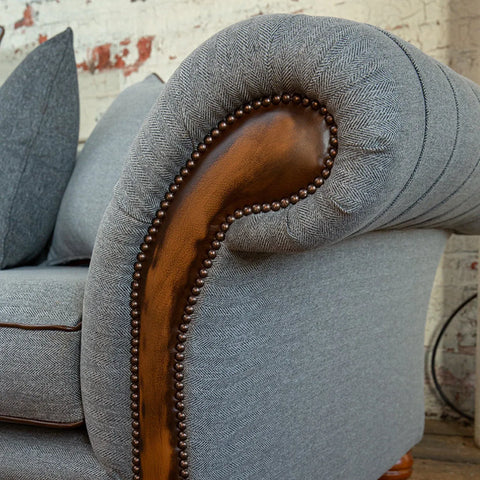 Herringbone Wool Scatter Back Chesterfield Sofa with Antique Tan Leather