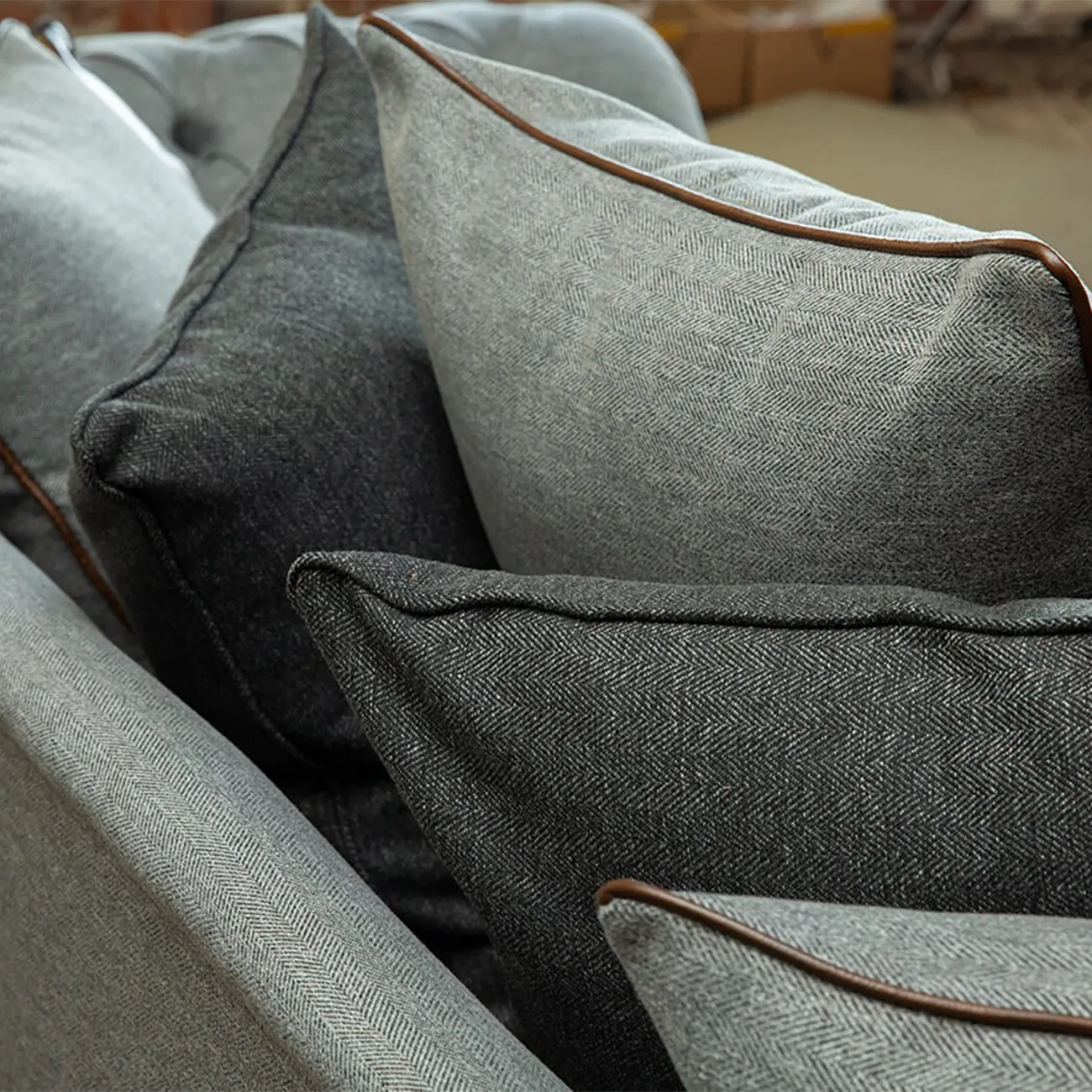 Herringbone Wool Scatter Back Chesterfield Sofa with Antique Tan Leather
