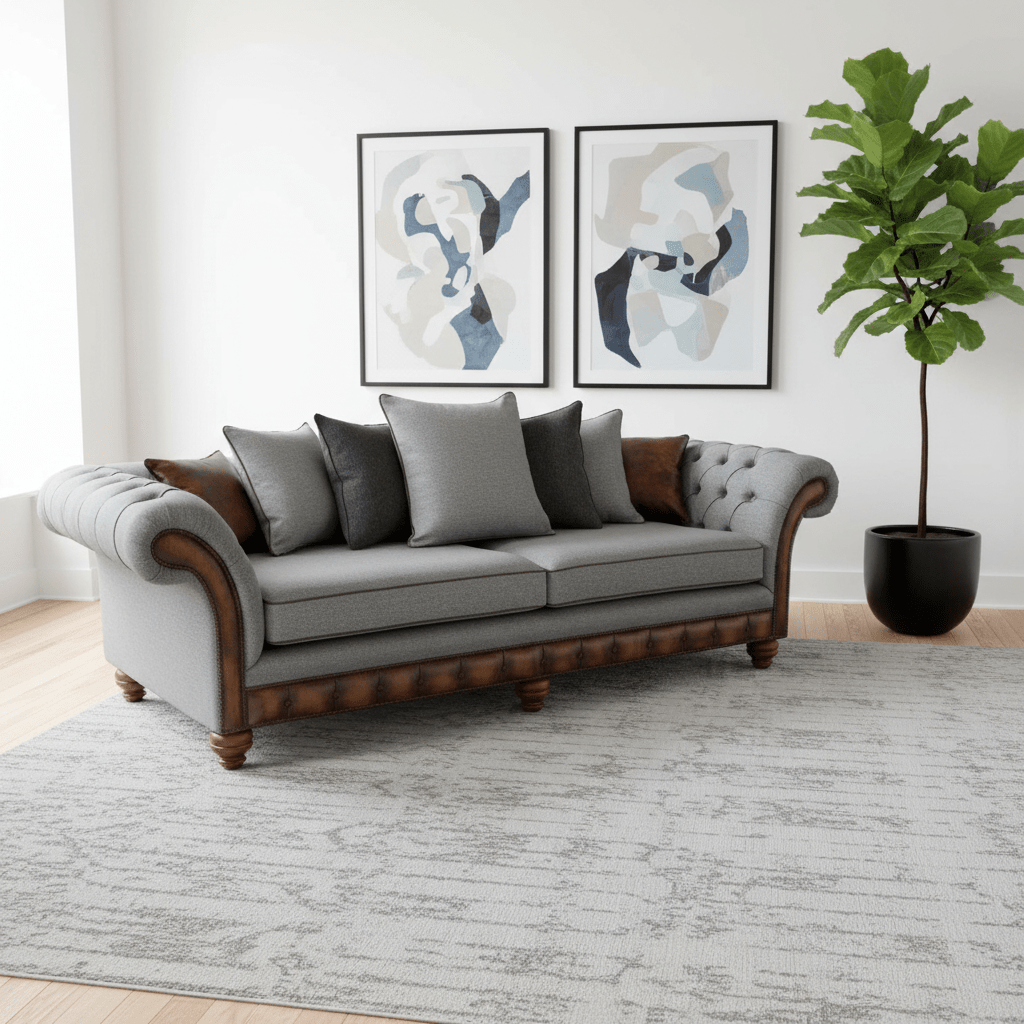 Herringbone Wool Scatter Back Chesterfield Sofa with Antique Tan Leather