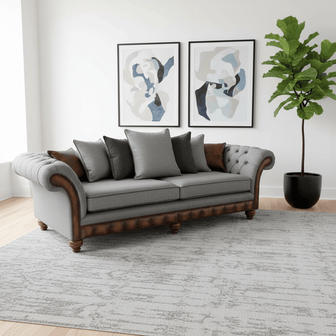 Herringbone Wool Scatter Back Chesterfield Sofa with Antique Tan Leather