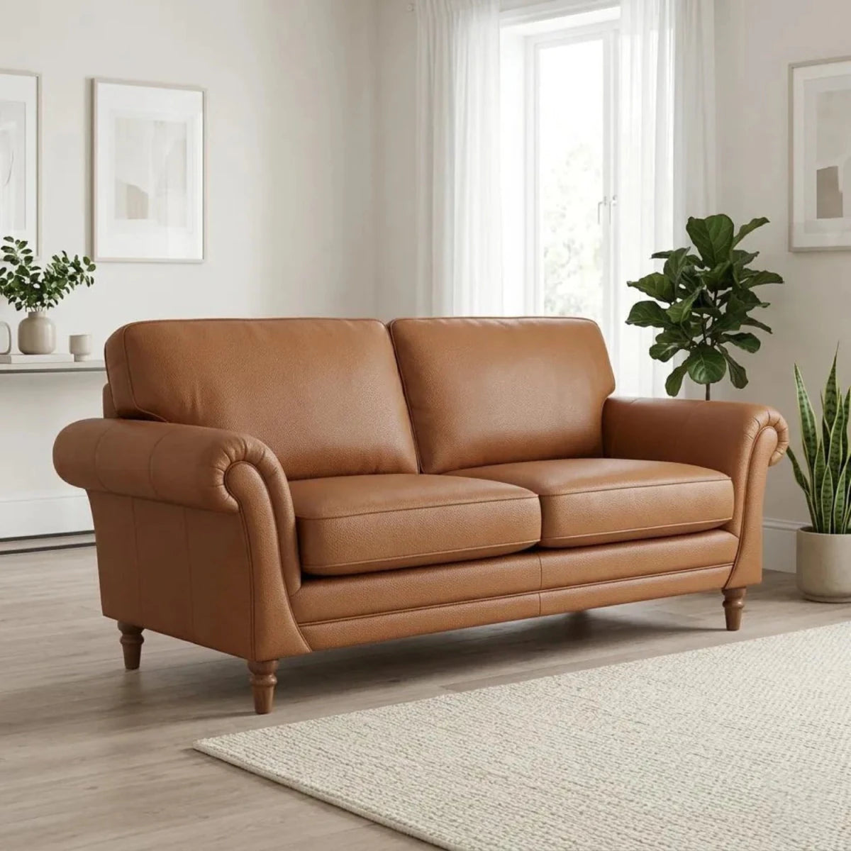 Large four-seater leather sofa with dark wooden feet and elegant design.