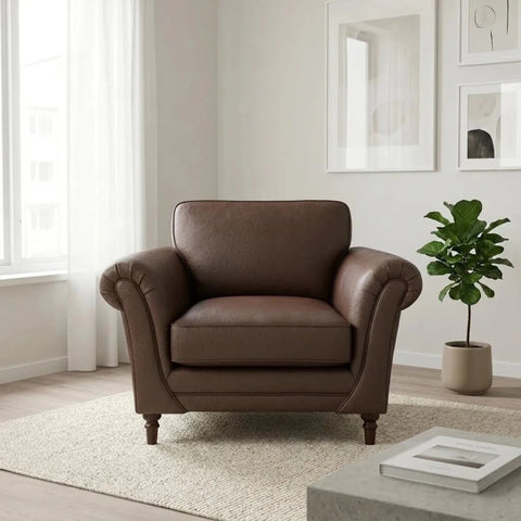 Modern accent chair with premium upholstery and wooden feet.