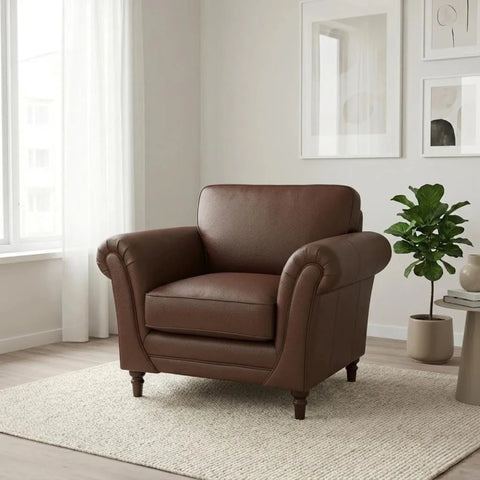 Modern accent chair with premium upholstery and wooden feet.