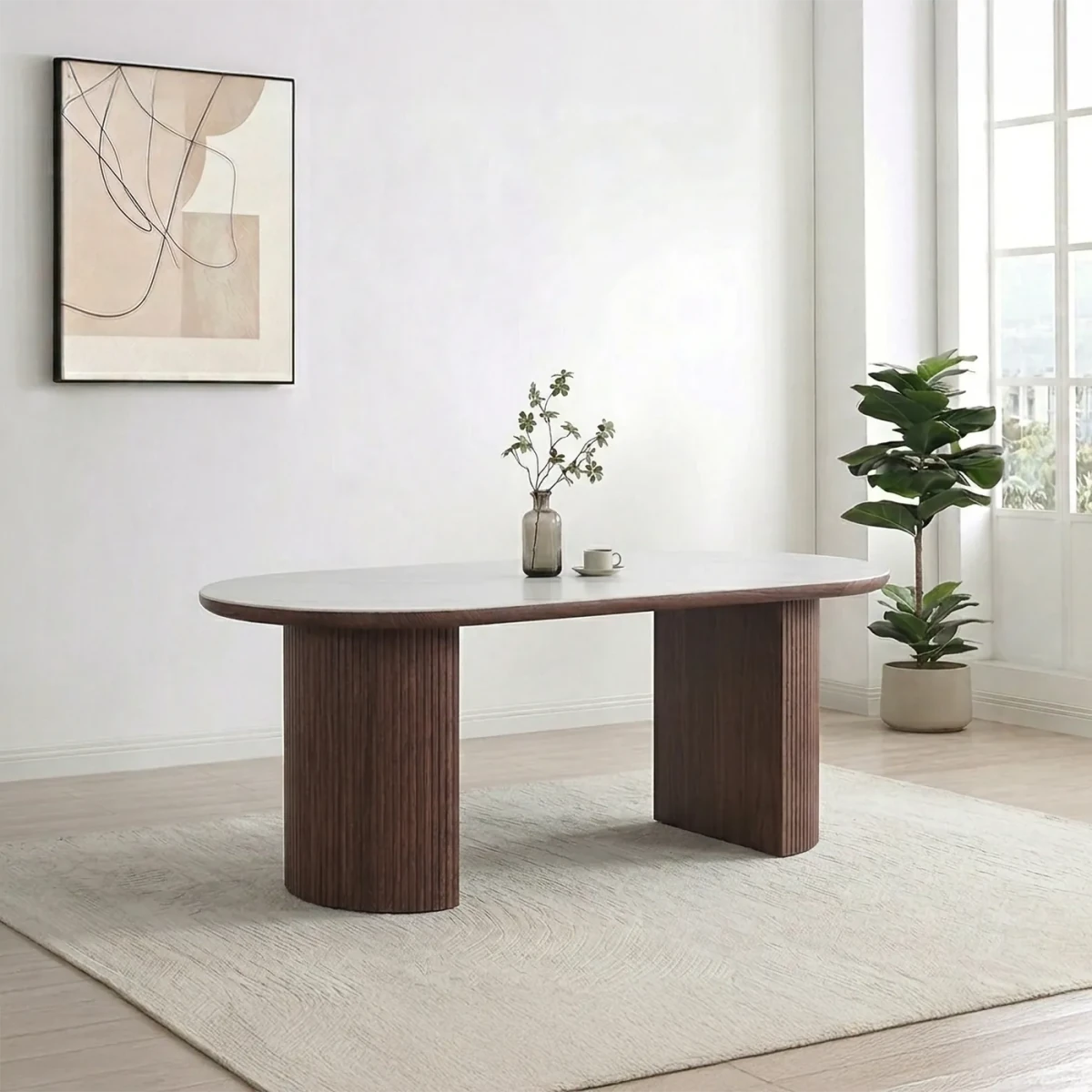 Harvard Walnut Dining Table with White Sintered Stone Top - W200cm
