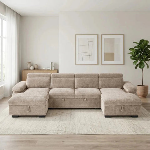 Large U shape sofa bed with textured fabric and contemporary style.
